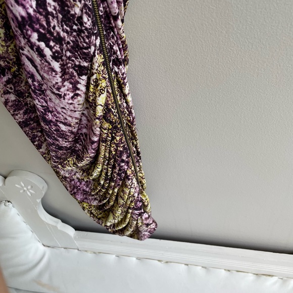 PURPLE YELLOW SLEEVELESS DRESS RUCHING ZIPPER STRETCH LINED ROUND NECK - Picture 7 of 13